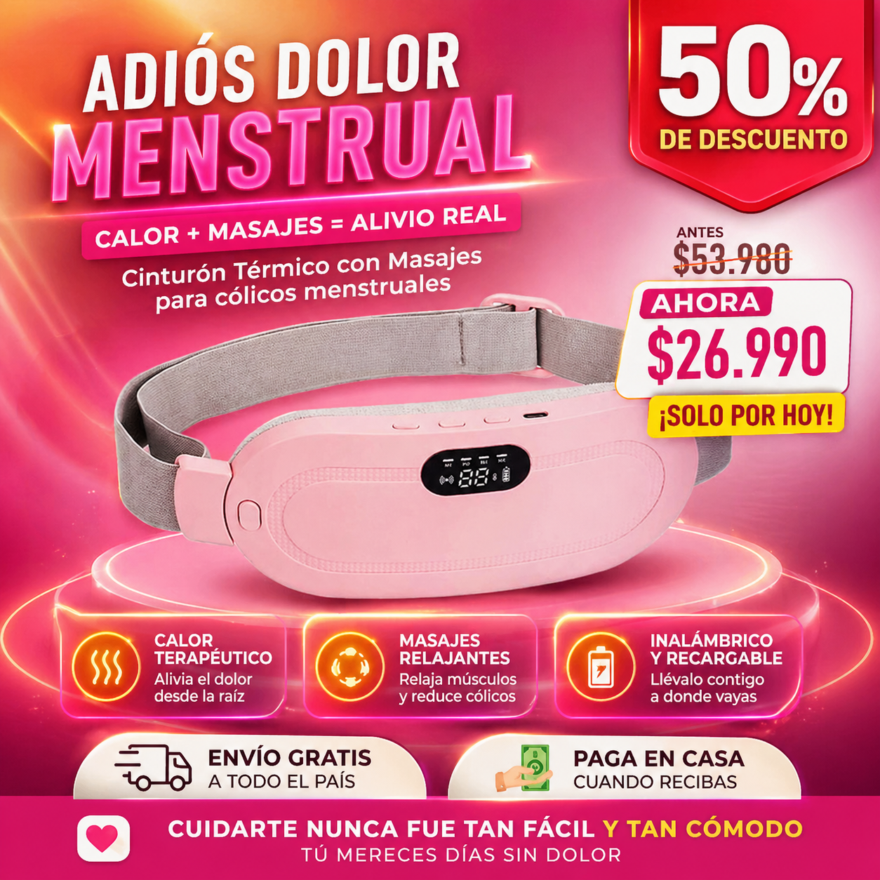 RelaxBelt™ — Alivio Inmediato del Dolor Menstrual con Calor y Masaje Vibratorio